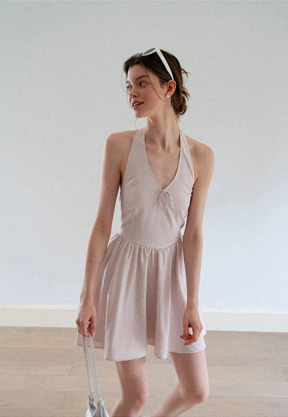 Gingham Check Halter Neck Drawstring Dress