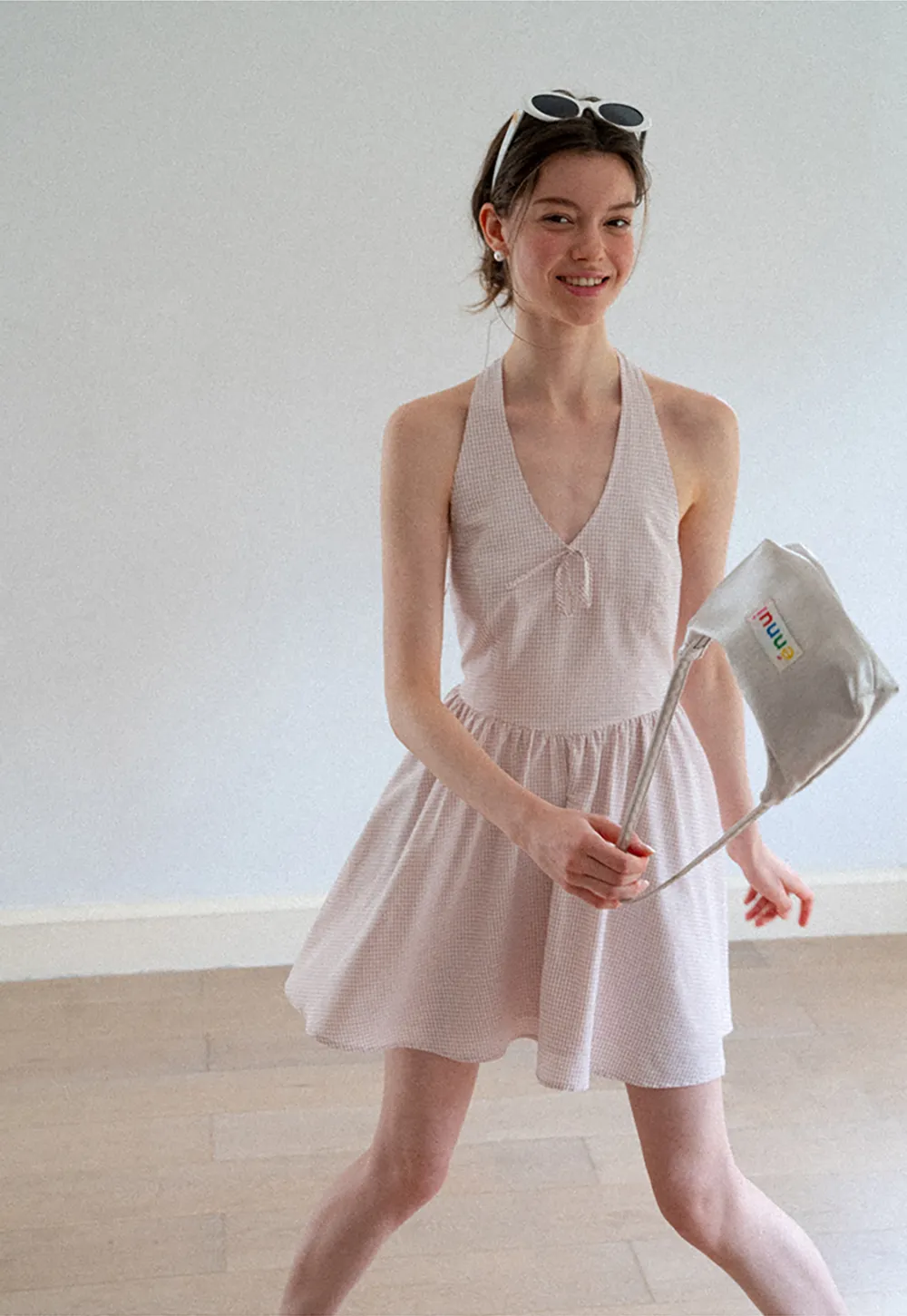 Gingham Check Halter Neck Drawstring Dress
