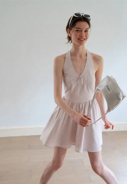 Gingham Check Halter Neck Drawstring Dress