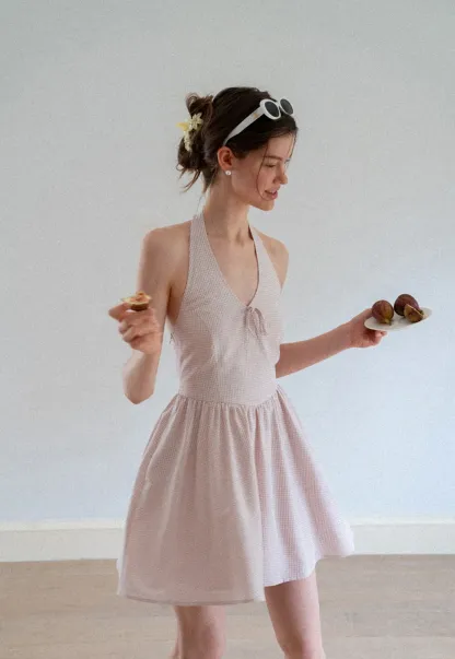 Gingham Check Halter Neck Drawstring Dress