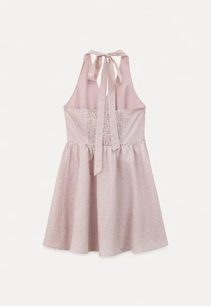 Gingham Check Halter Neck Drawstring Dress