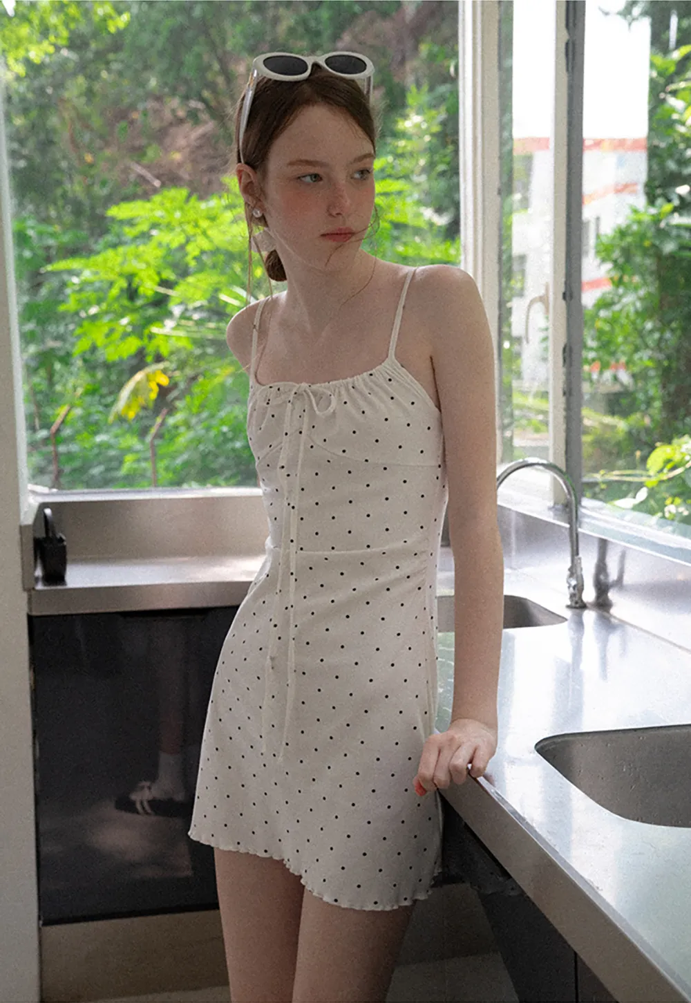 Polka Dot Print Drawstring Waist Slip Dress