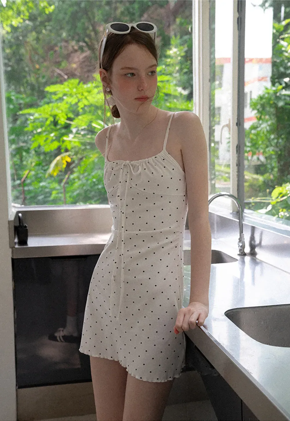 Polka Dot Print Drawstring Waist Slip Dress