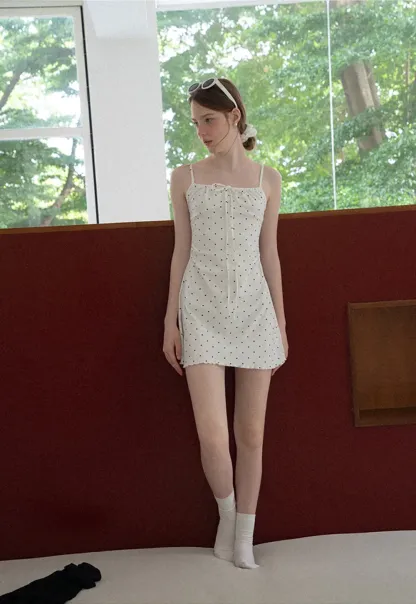Polka Dot Print Drawstring Waist Slip Dress