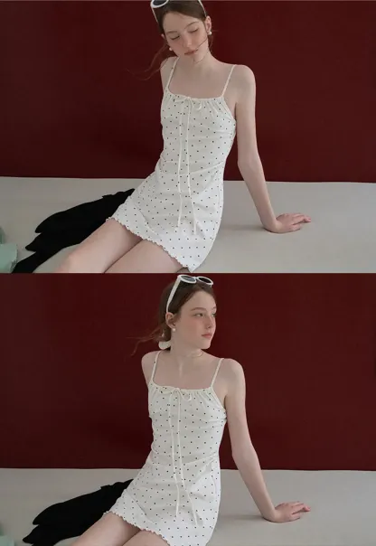 Polka Dot Print Drawstring Waist Slip Dress