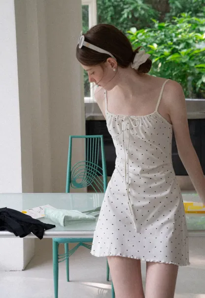 Polka Dot Print Drawstring Waist Slip Dress