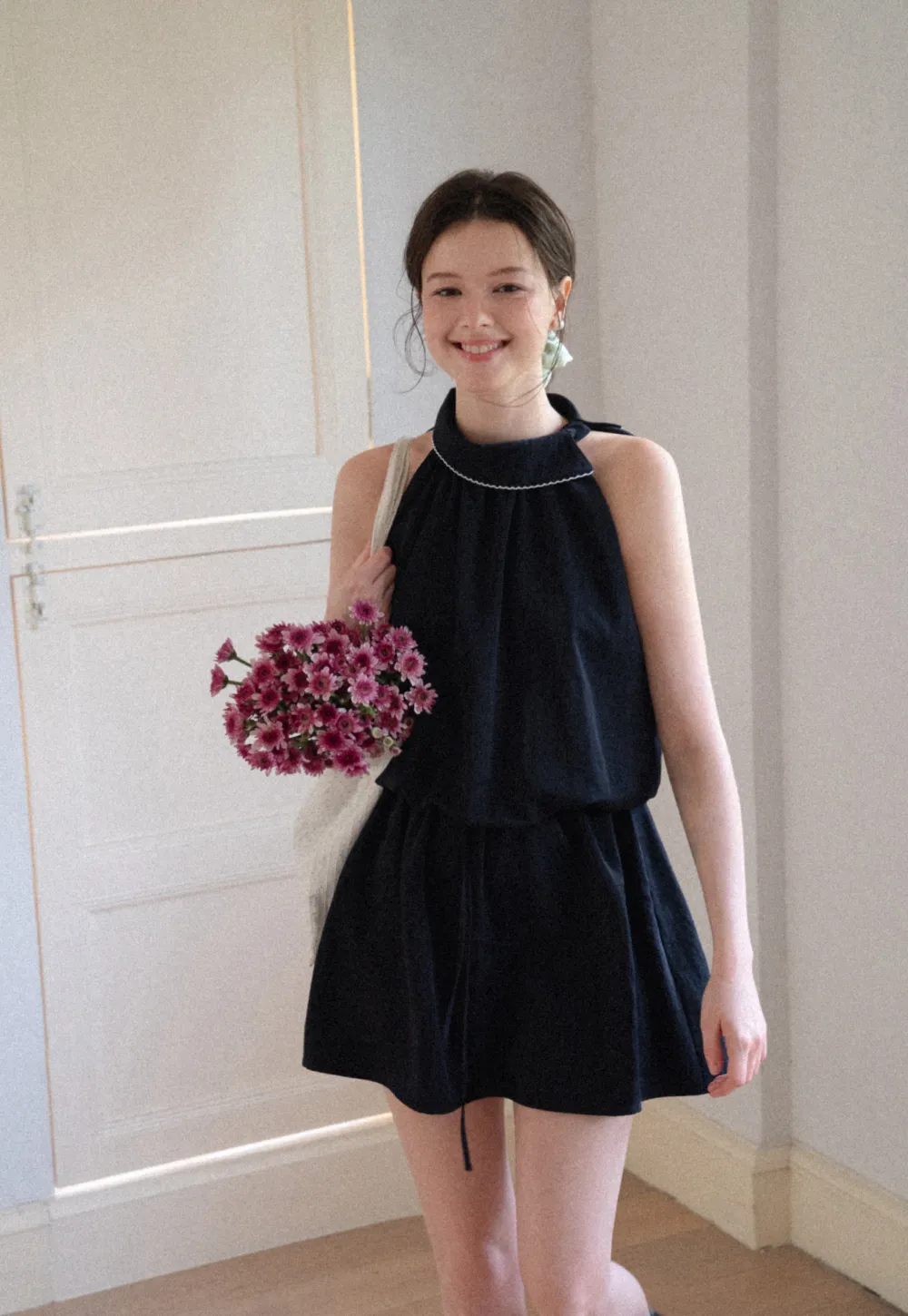 High Neck Sleeveless Pleated Dress with Embroidered Trim