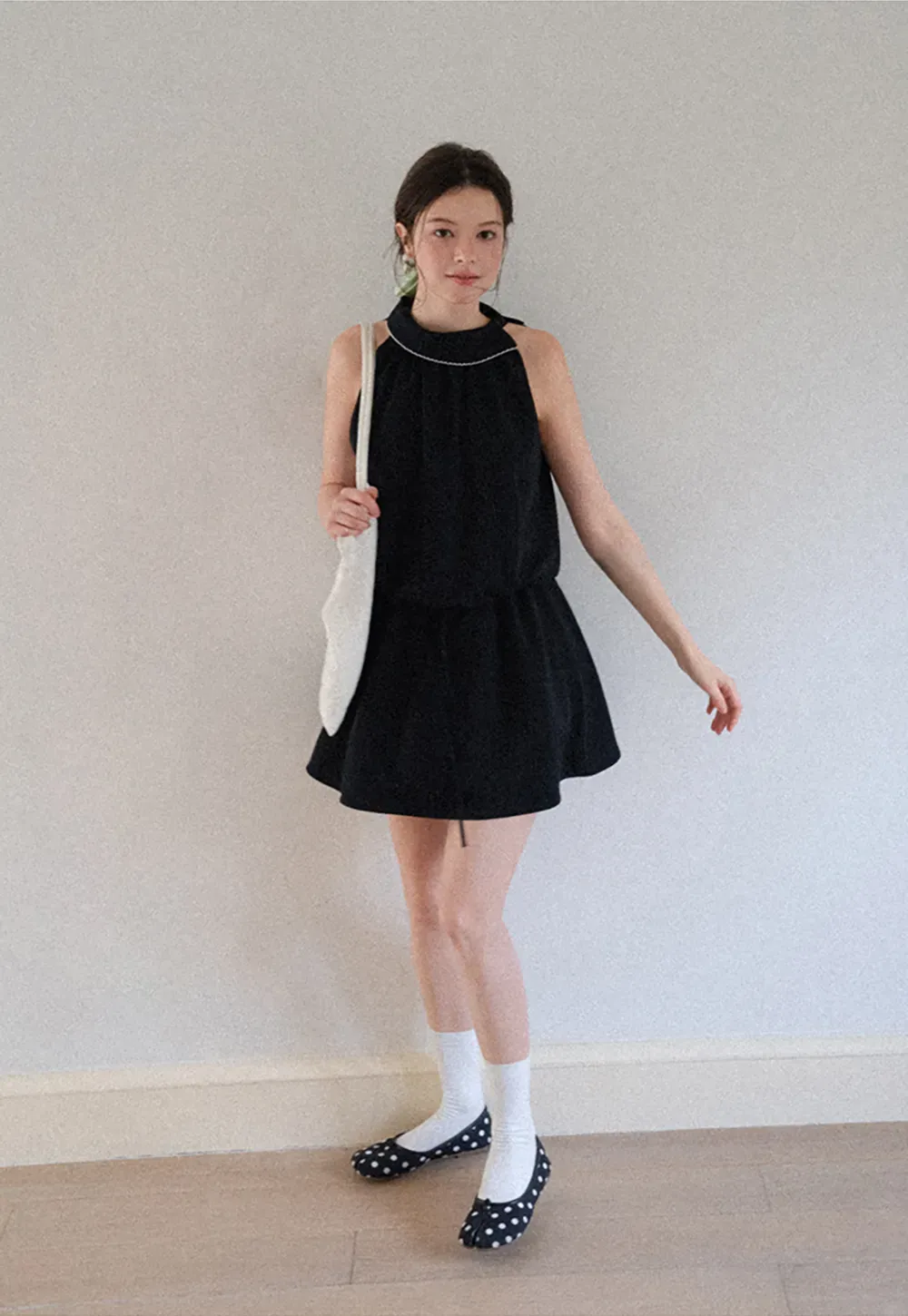High Neck Sleeveless Pleated Dress with Embroidered Trim