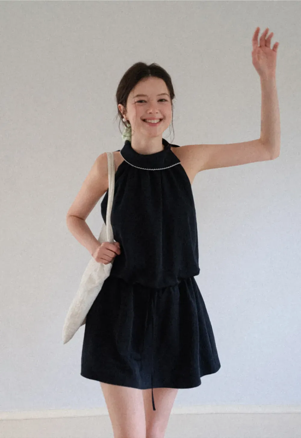 High Neck Sleeveless Pleated Dress with Embroidered Trim