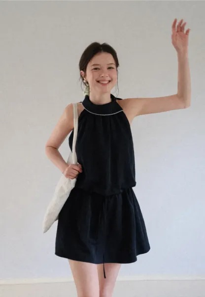 High Neck Sleeveless Pleated Dress with Embroidered Trim