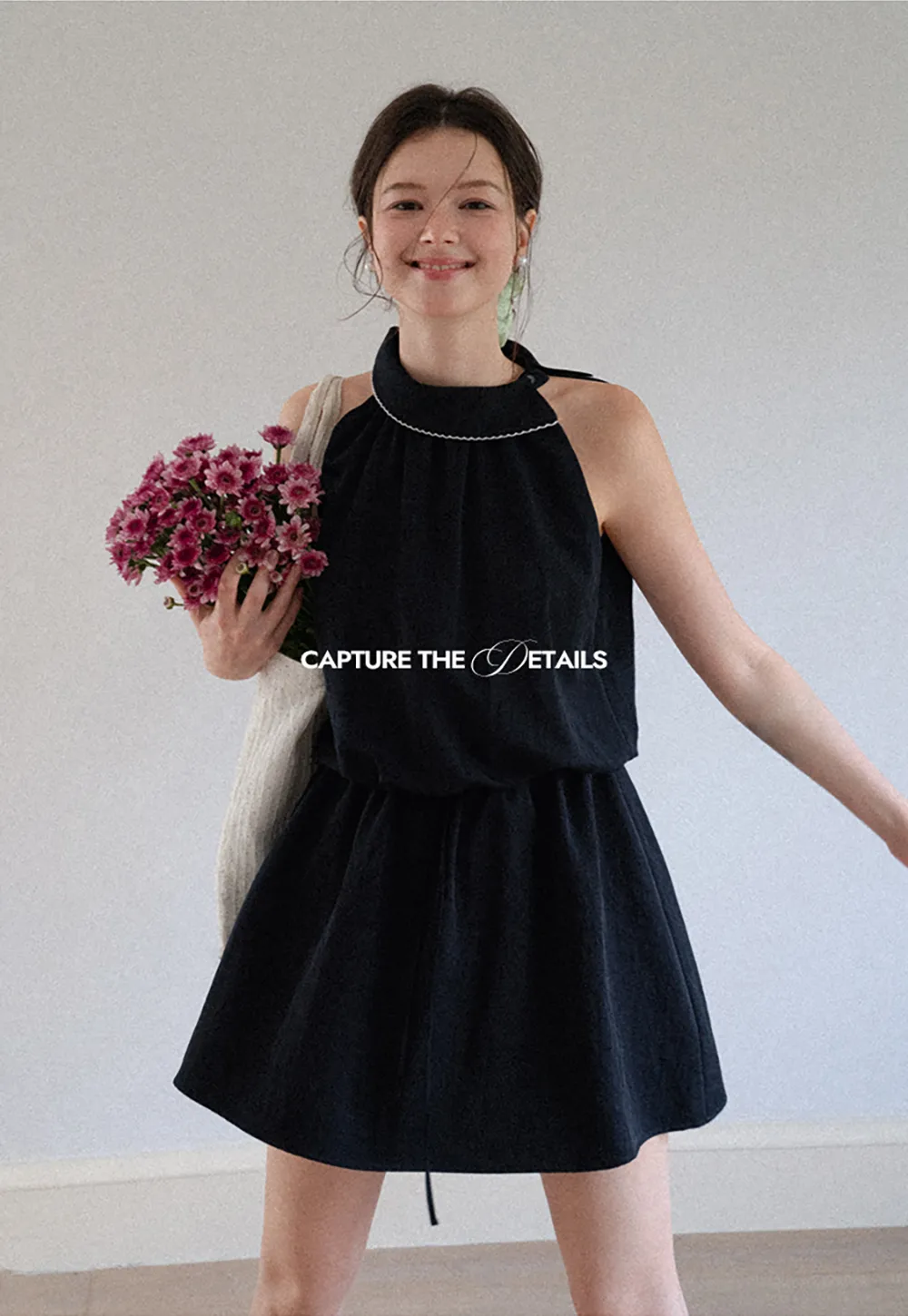 High Neck Sleeveless Pleated Dress with Embroidered Trim