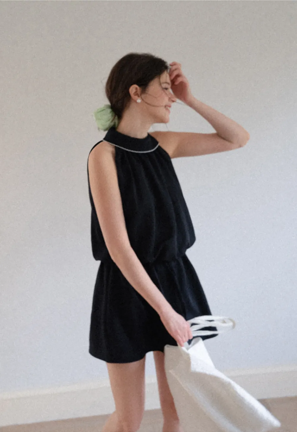 High Neck Sleeveless Pleated Dress with Embroidered Trim