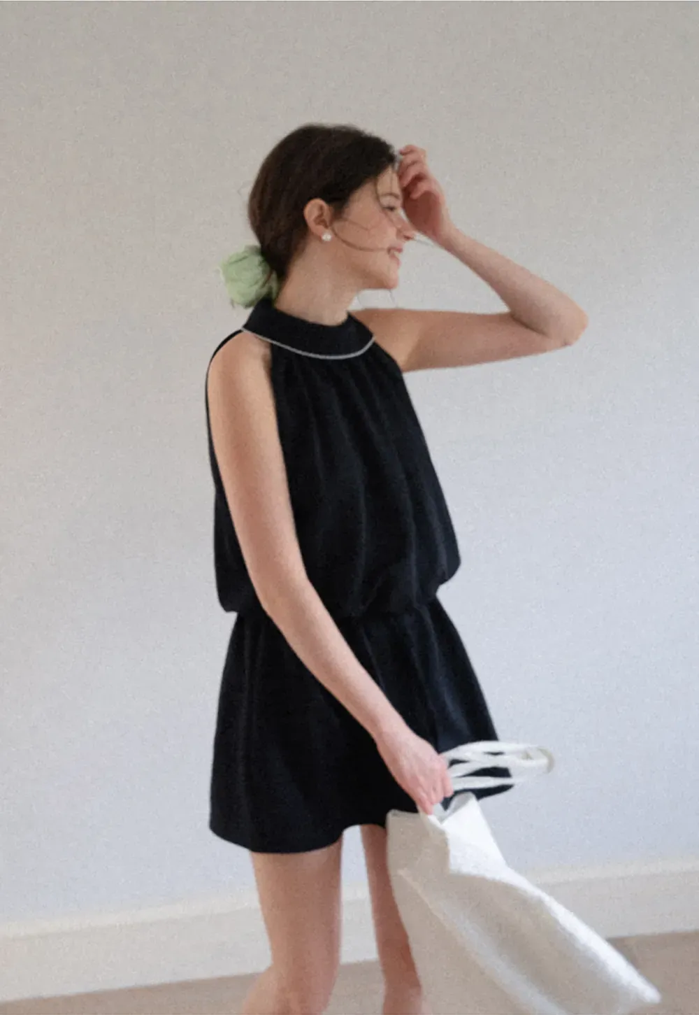 High Neck Sleeveless Pleated Dress with Embroidered Trim