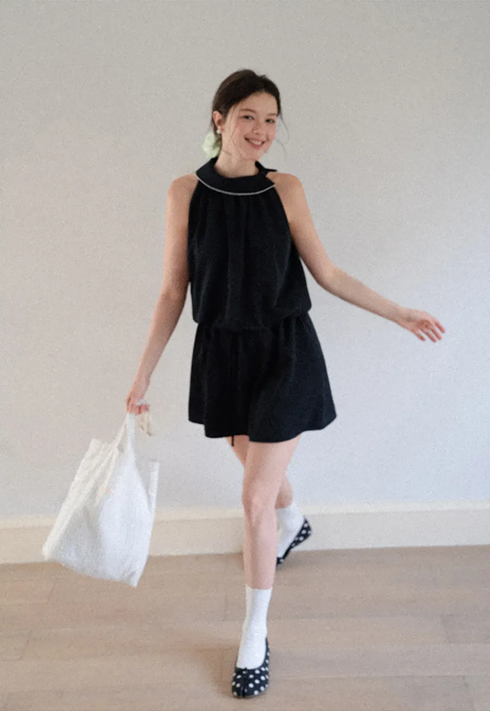 High Neck Sleeveless Pleated Dress with Embroidered Trim