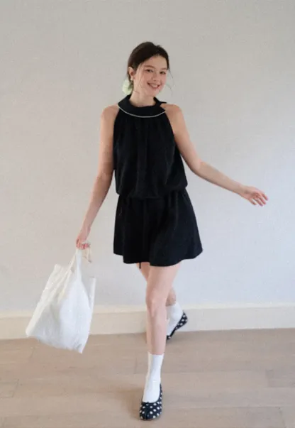 High Neck Sleeveless Pleated Dress with Embroidered Trim