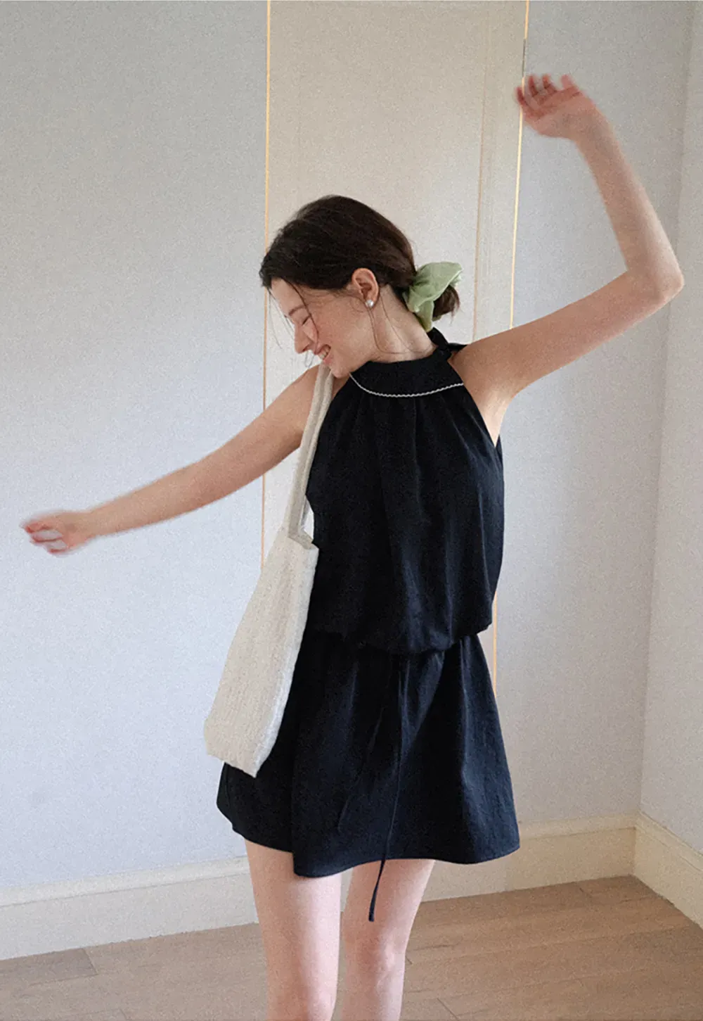 High Neck Sleeveless Pleated Dress with Embroidered Trim