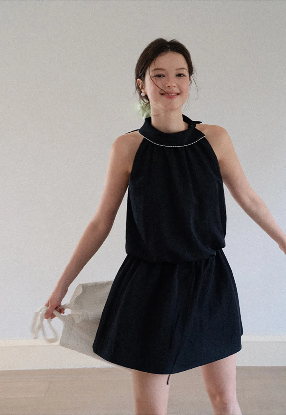 High Neck Sleeveless Pleated Dress with Embroidered Trim