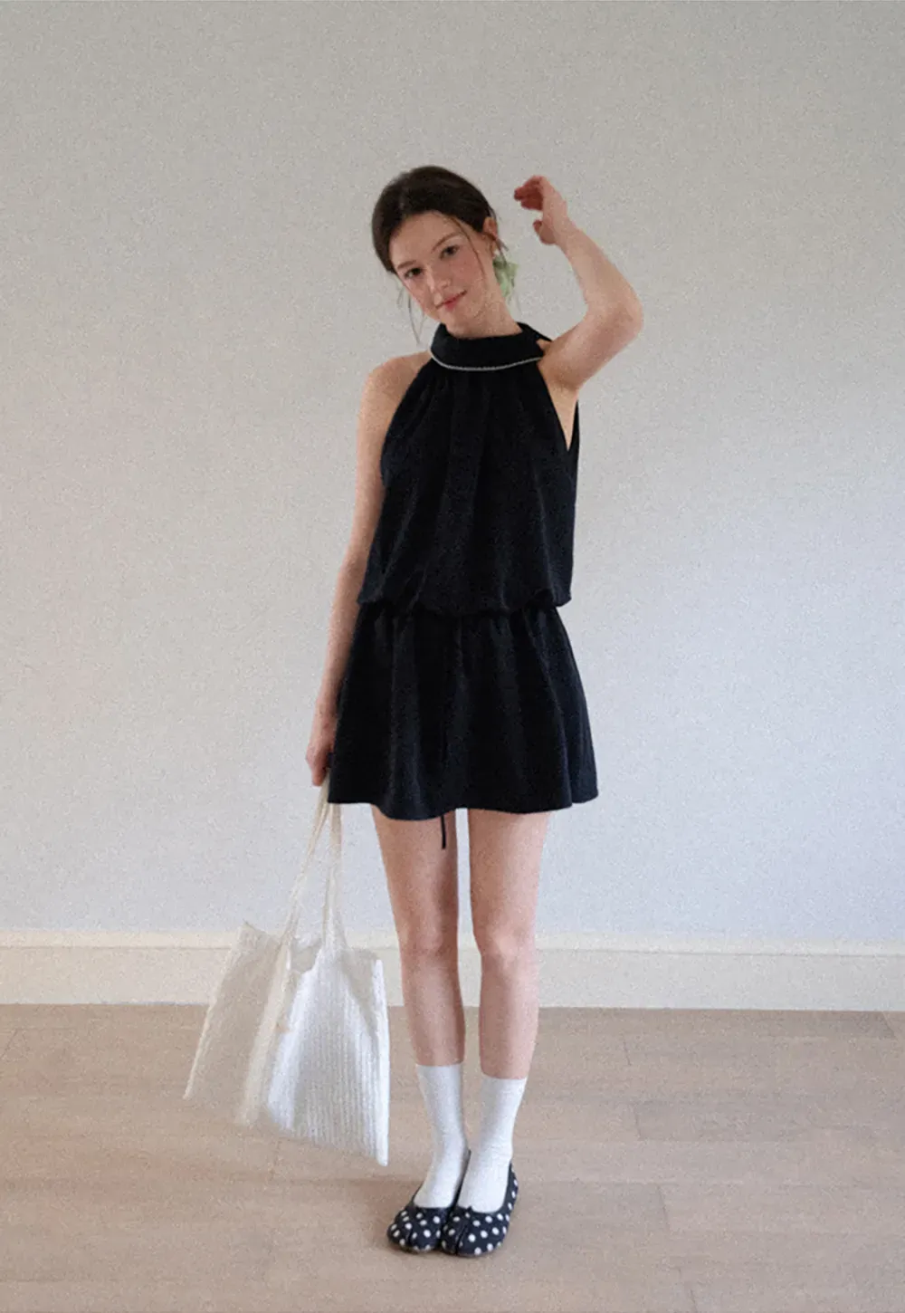 High Neck Sleeveless Pleated Dress with Embroidered Trim