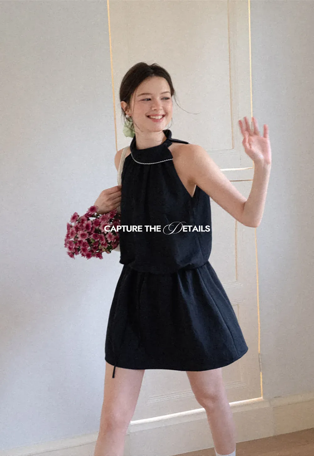 High Neck Sleeveless Pleated Dress with Embroidered Trim