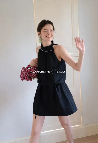 High Neck Sleeveless Pleated Dress with Embroidered Trim