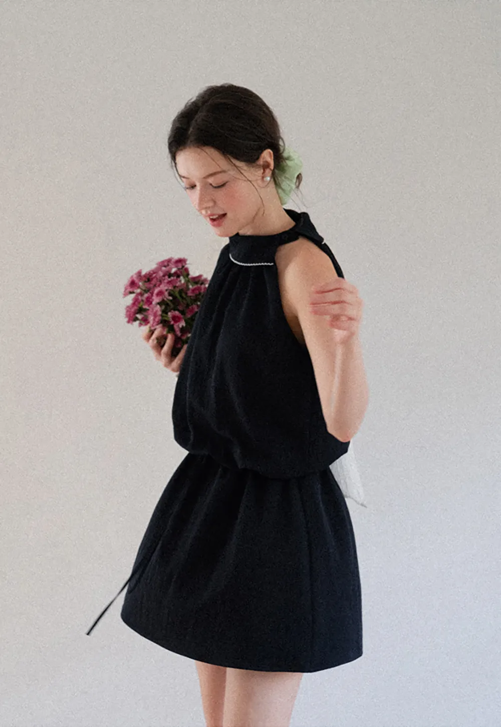 High Neck Sleeveless Pleated Dress with Embroidered Trim
