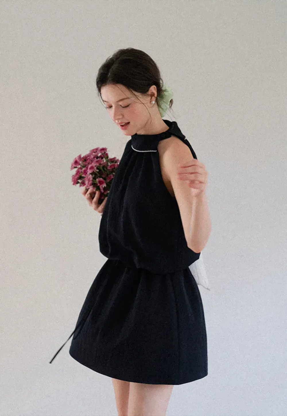 High Neck Sleeveless Pleated Dress with Embroidered Trim