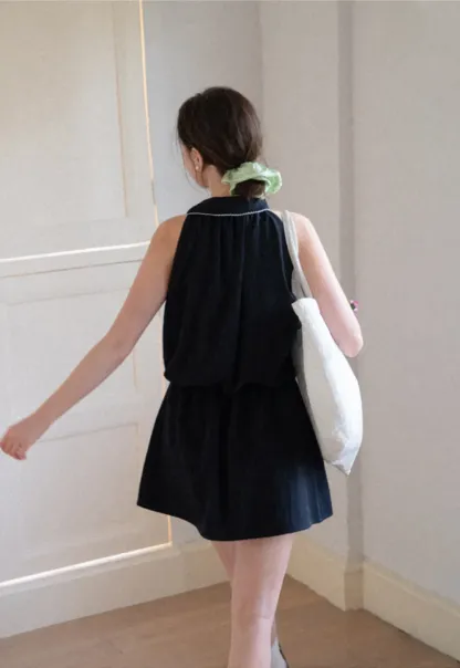 High Neck Sleeveless Pleated Dress with Embroidered Trim