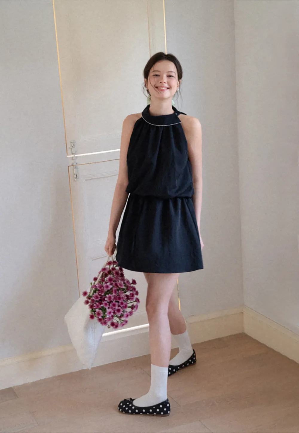 High Neck Sleeveless Pleated Dress with Embroidered Trim