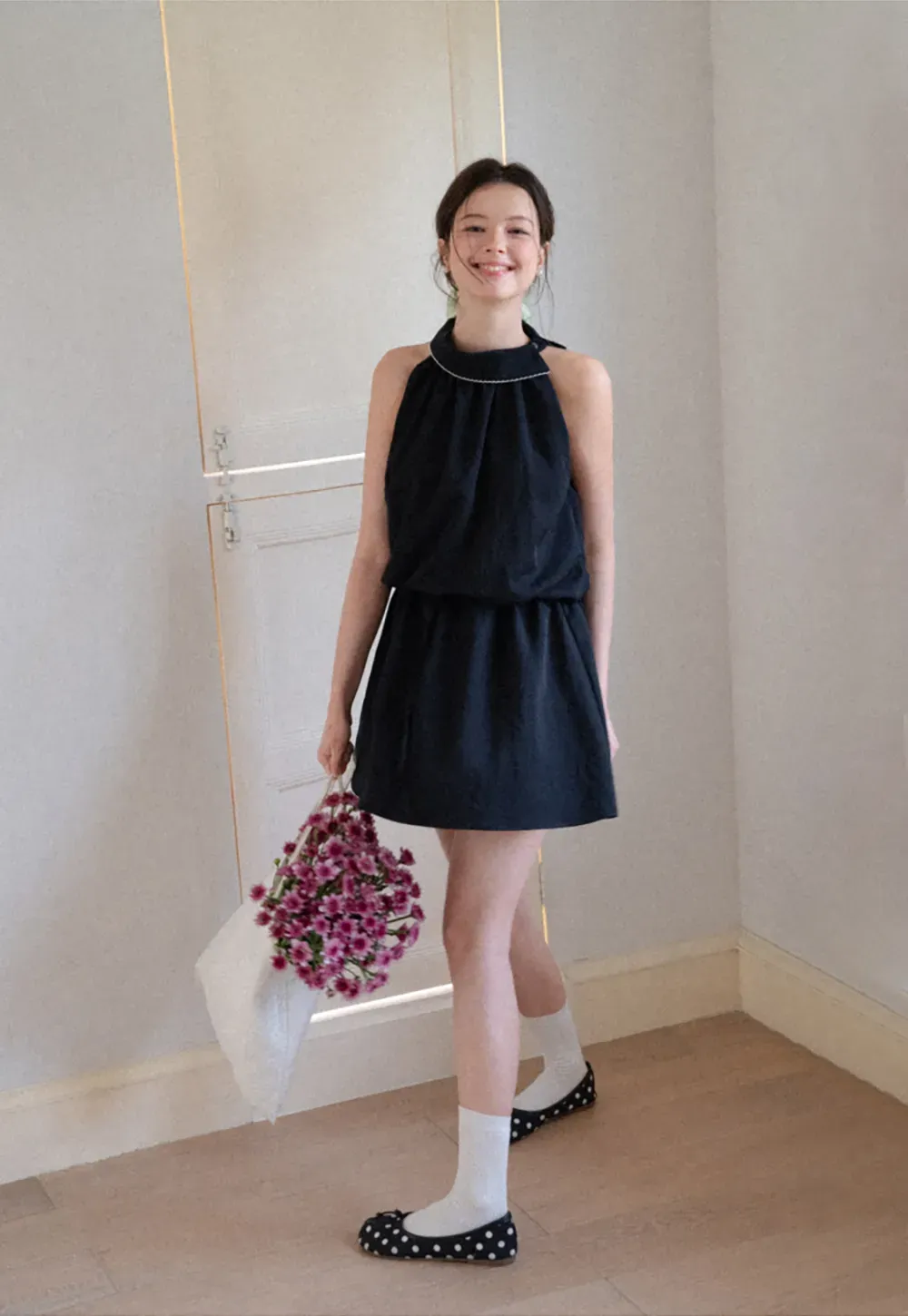 High Neck Sleeveless Pleated Dress with Embroidered Trim
