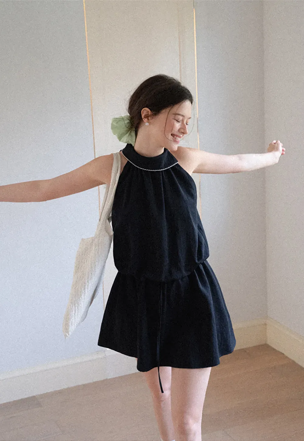High Neck Sleeveless Pleated Dress with Embroidered Trim