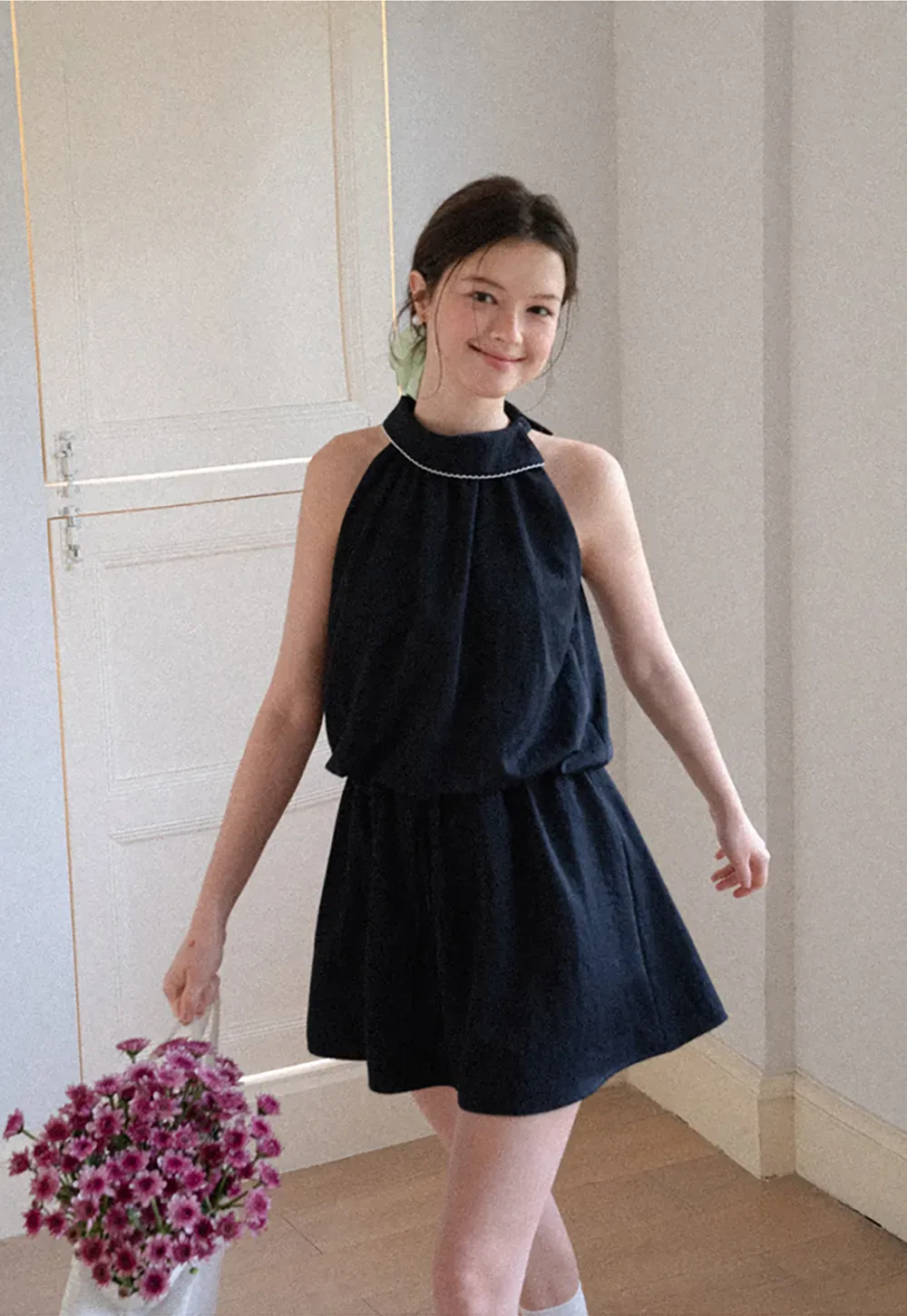 High Neck Sleeveless Pleated Dress with Embroidered Trim
