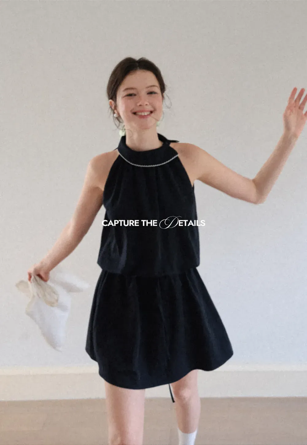 High Neck Sleeveless Pleated Dress with Embroidered Trim