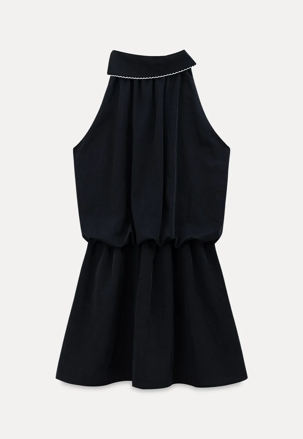 High Neck Sleeveless Pleated Dress with Embroidered Trim