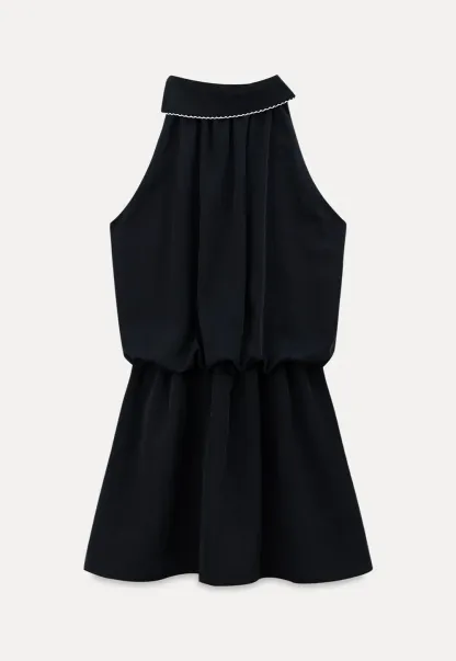 High Neck Sleeveless Pleated Dress with Embroidered Trim