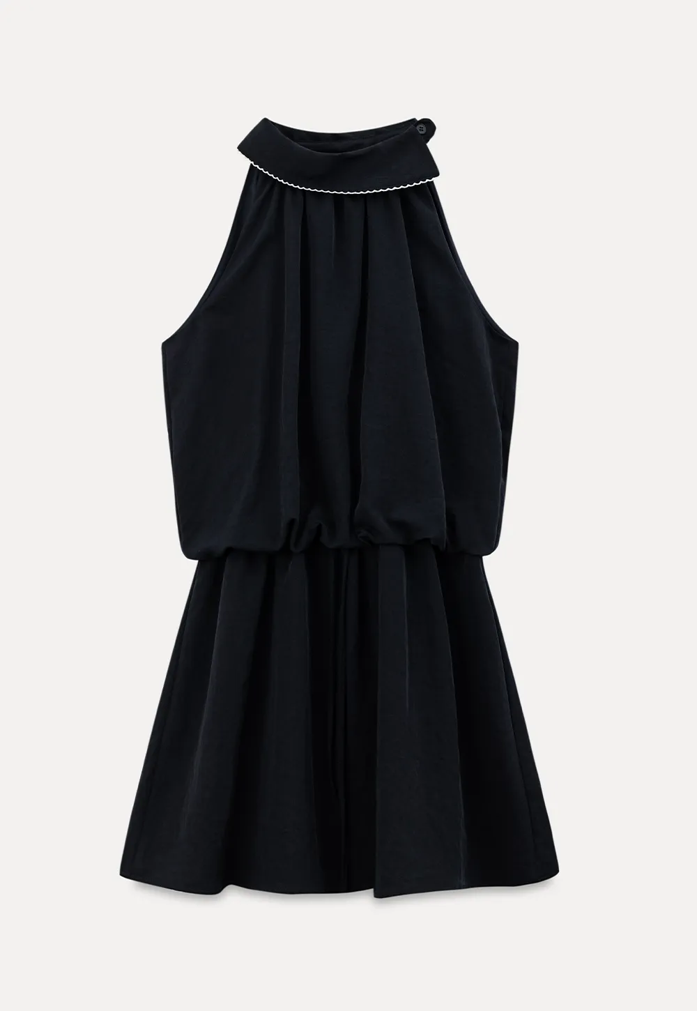 High Neck Sleeveless Pleated Dress with Embroidered Trim