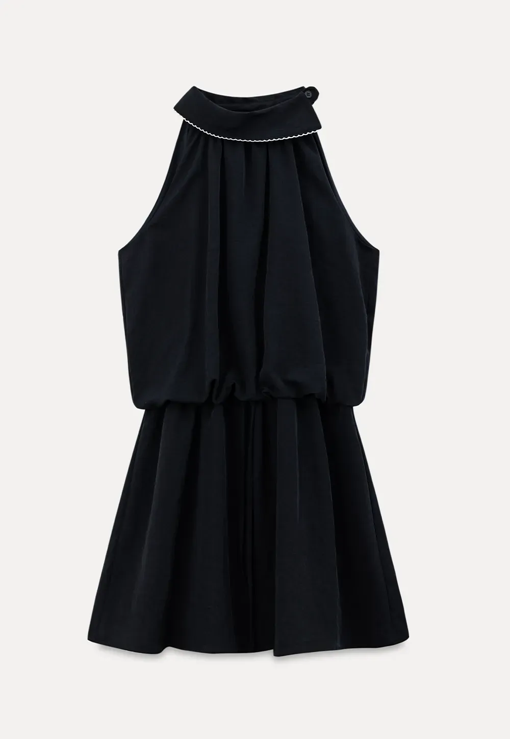 High Neck Sleeveless Pleated Dress with Embroidered Trim