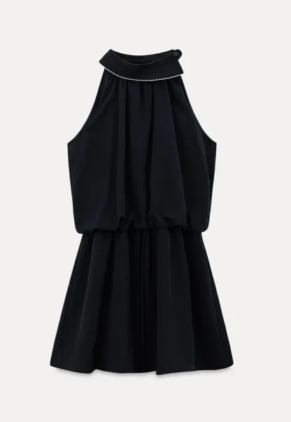 High Neck Sleeveless Pleated Dress with Embroidered Trim