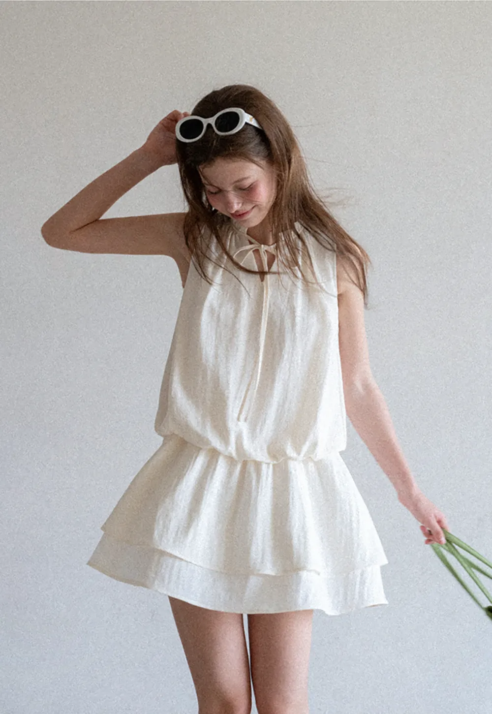 Tiered Ruffle Sleeveless Dress with Tie Neck