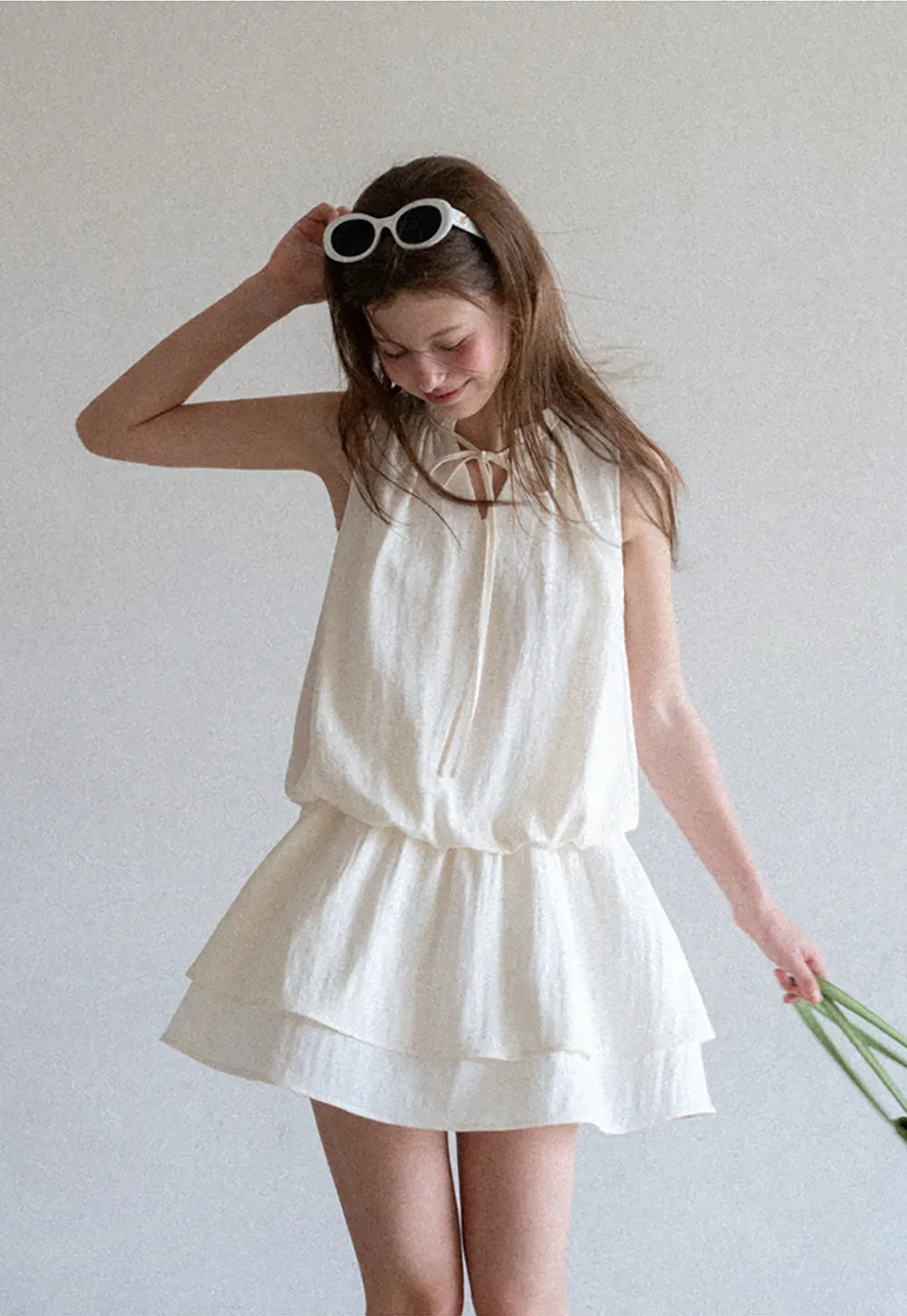 Tiered Ruffle Sleeveless Dress with Tie Neck