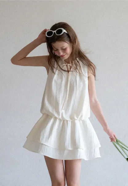 Tiered Ruffle Sleeveless Dress with Tie Neck