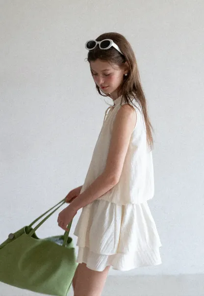 Tiered Ruffle Sleeveless Dress with Tie Neck