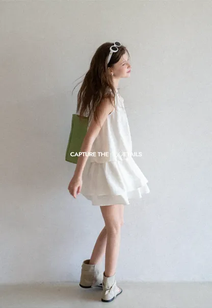 Tiered Ruffle Sleeveless Dress with Tie Neck