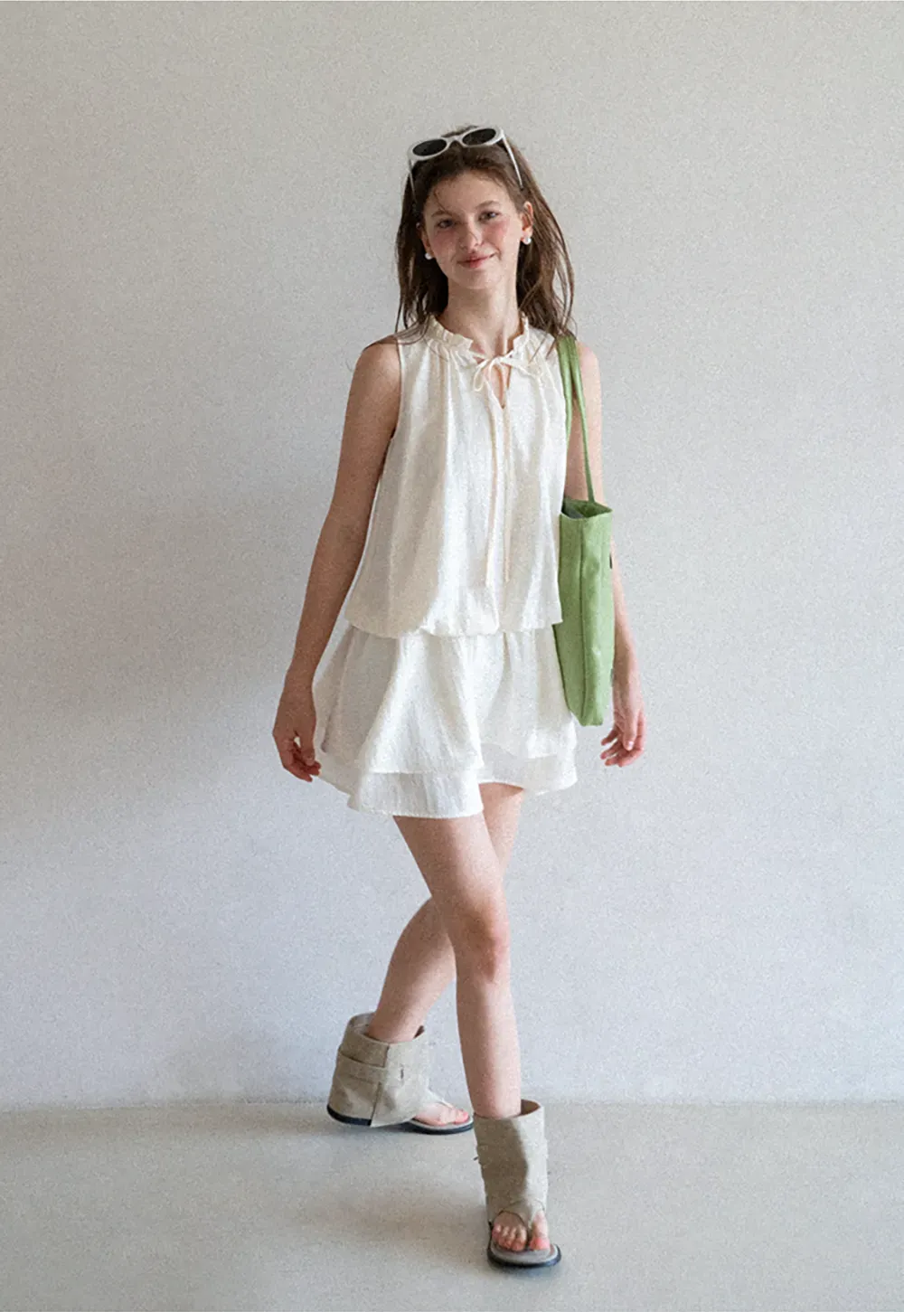 Tiered Ruffle Sleeveless Dress with Tie Neck