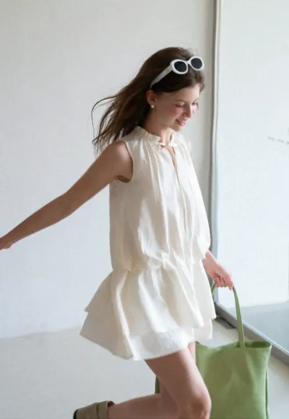 Tiered Ruffle Sleeveless Dress with Tie Neck