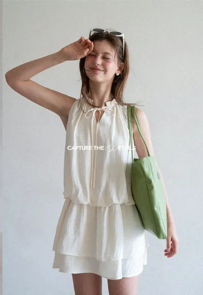 Tiered Ruffle Sleeveless Dress with Tie Neck