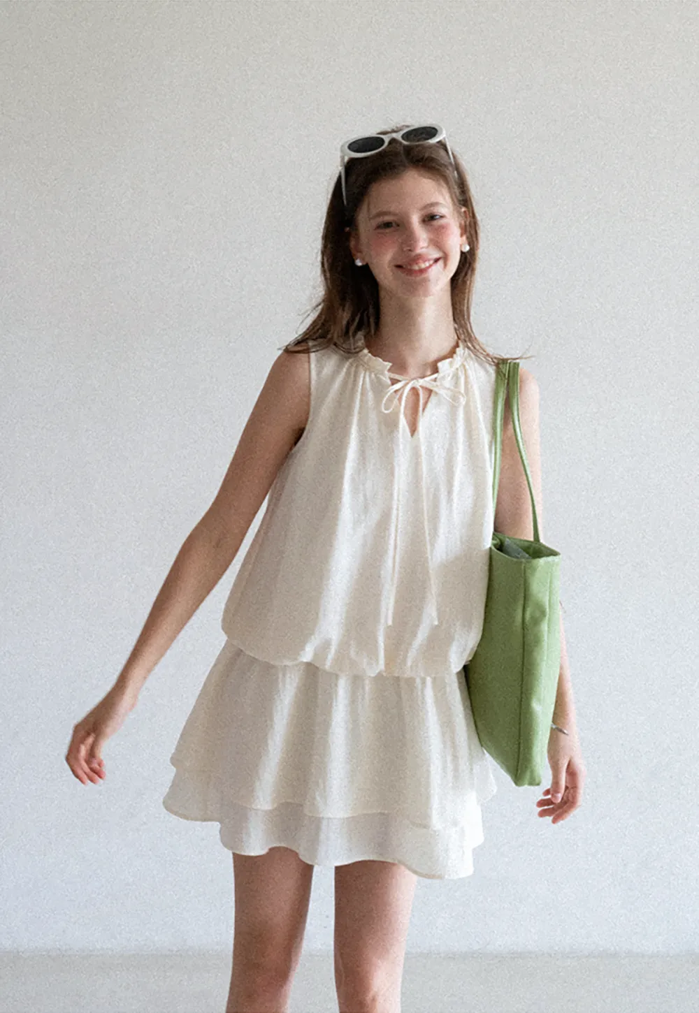 Tiered Ruffle Sleeveless Dress with Tie Neck