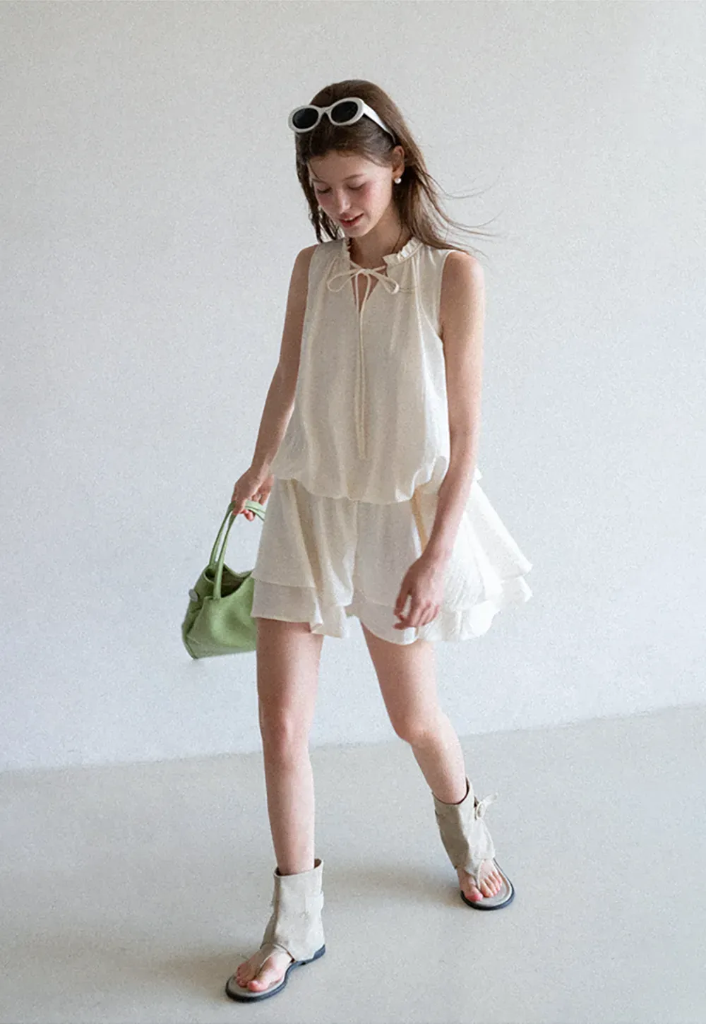 Tiered Ruffle Sleeveless Dress with Tie Neck