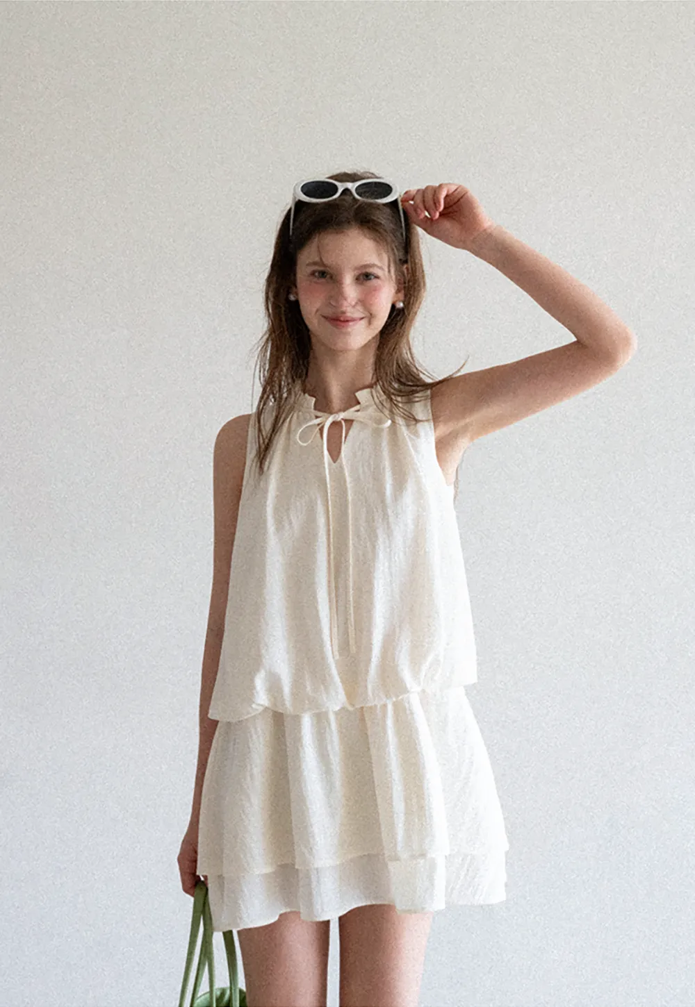 Tiered Ruffle Sleeveless Dress with Tie Neck