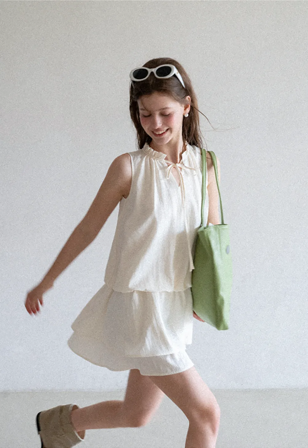 Tiered Ruffle Sleeveless Dress with Tie Neck