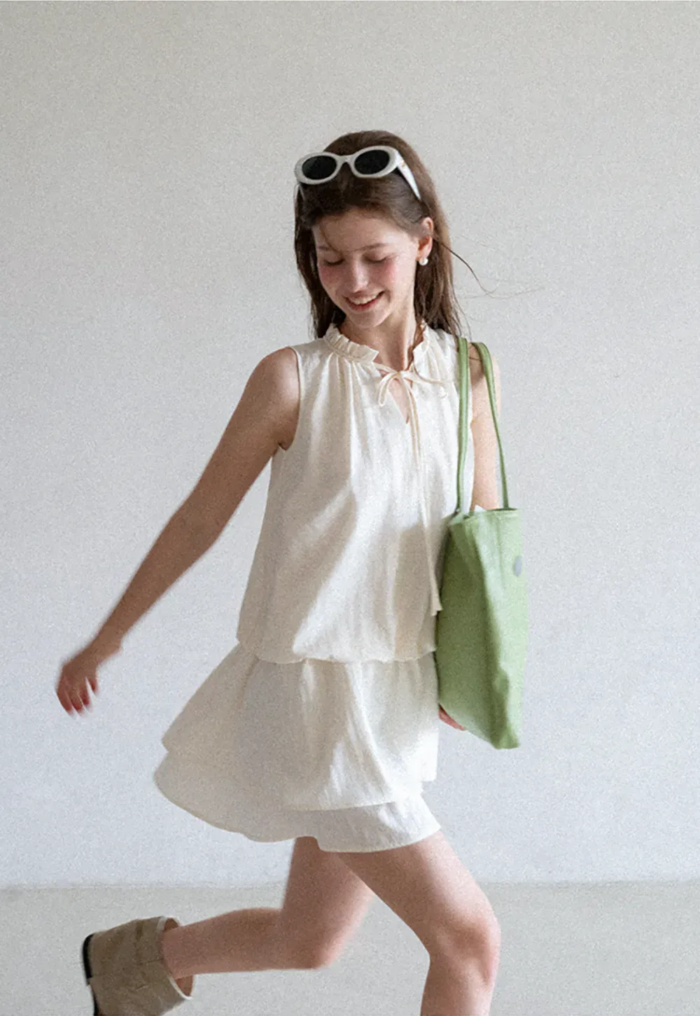 Tiered Ruffle Sleeveless Dress with Tie Neck